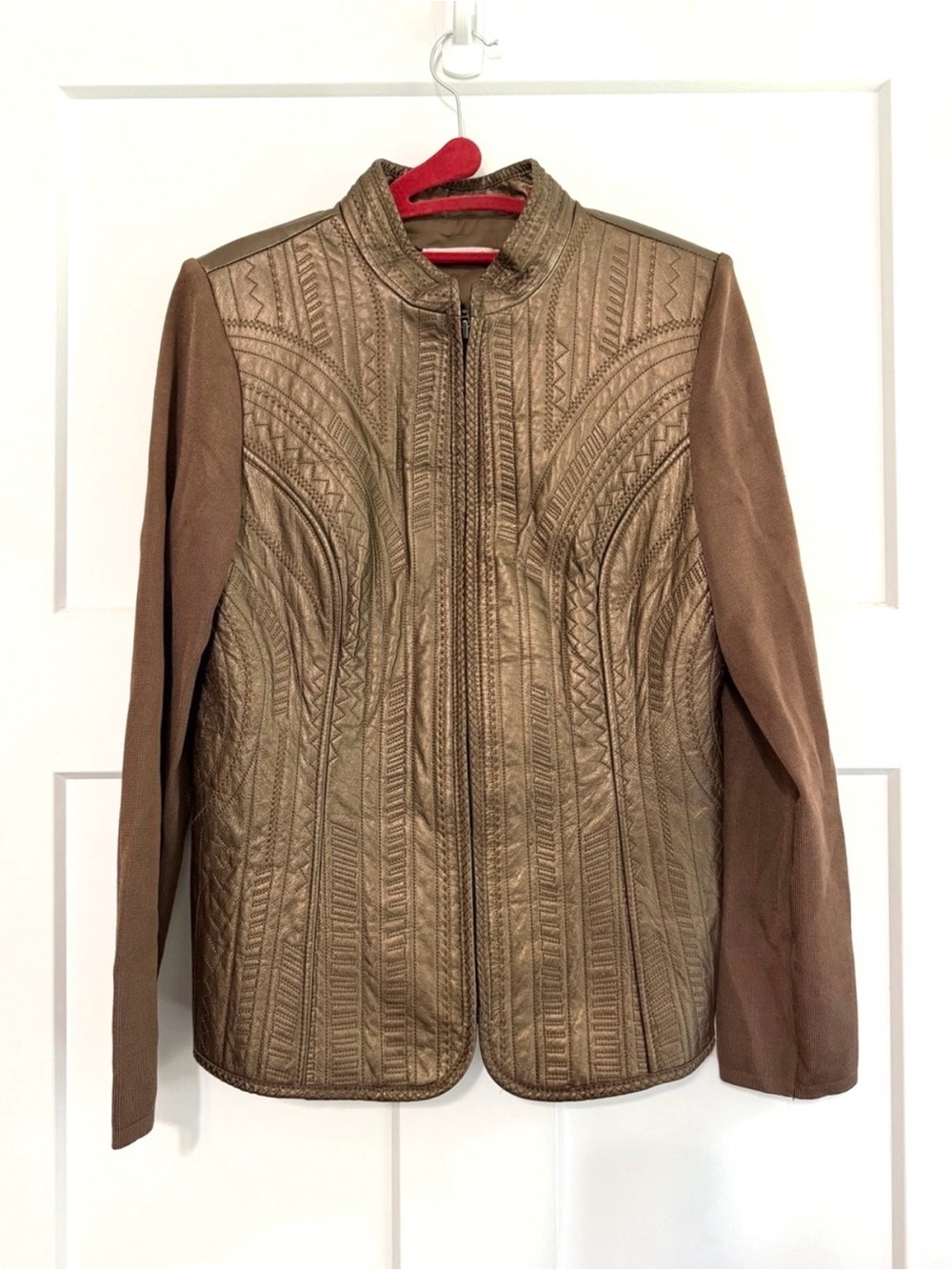 Y2K Mixed Media Leather Knit Zip Jacket Bronze by Peter Nygard